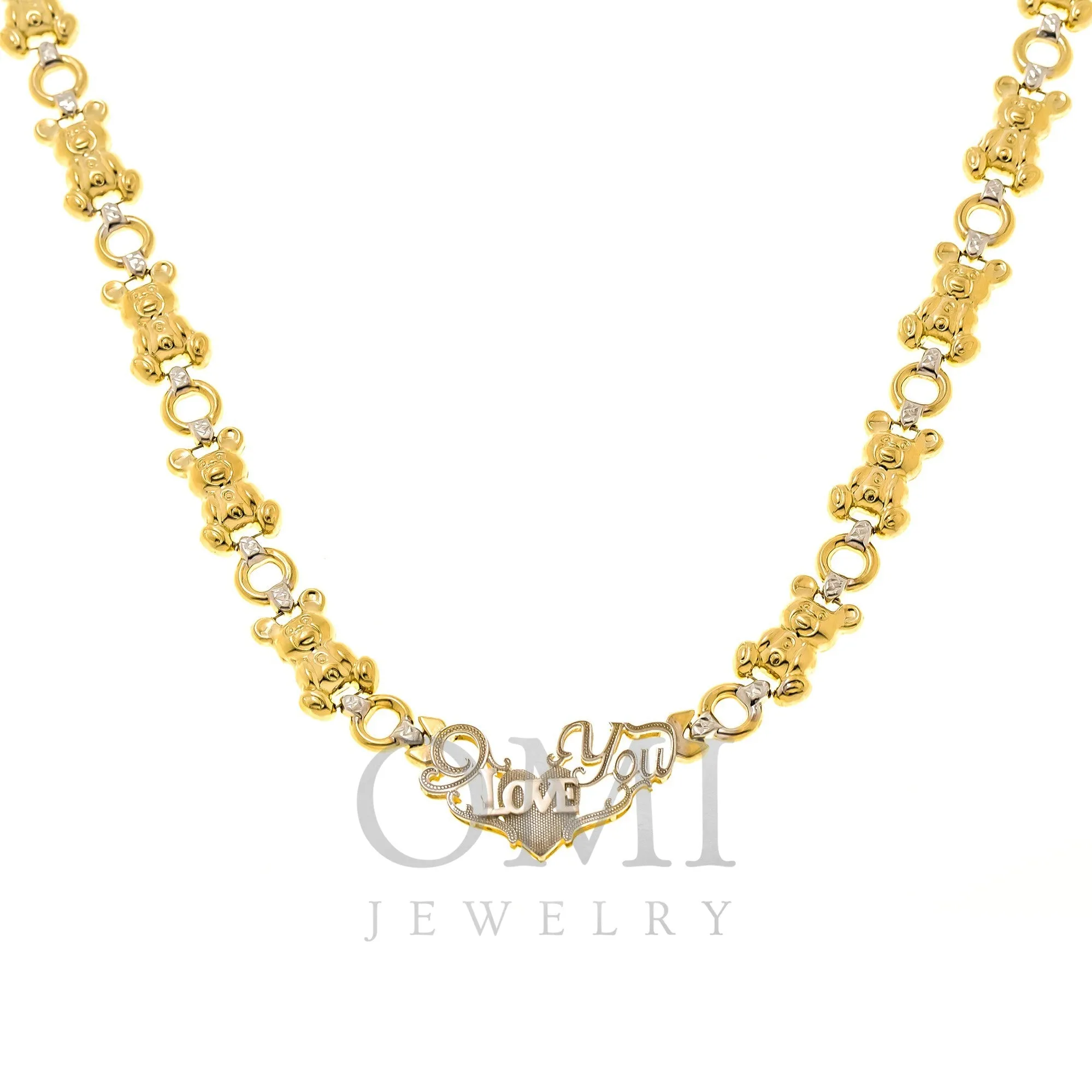 10K GOLD TWO TONE SOLID TEDDY BEAR AND HEART I LOVE YOU CHAIN