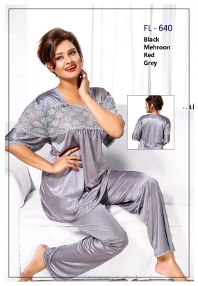 2 Pcs FL-640 - Grey Flourish Exclusive Bridal Nighty Set Collection