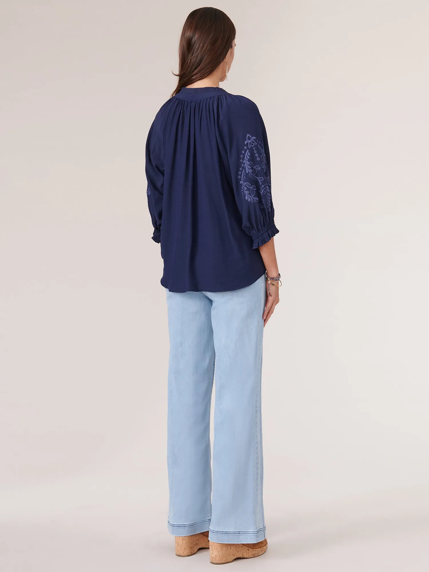 3/4 Embroidered Blouson Sleeve Split Neck Woven Top