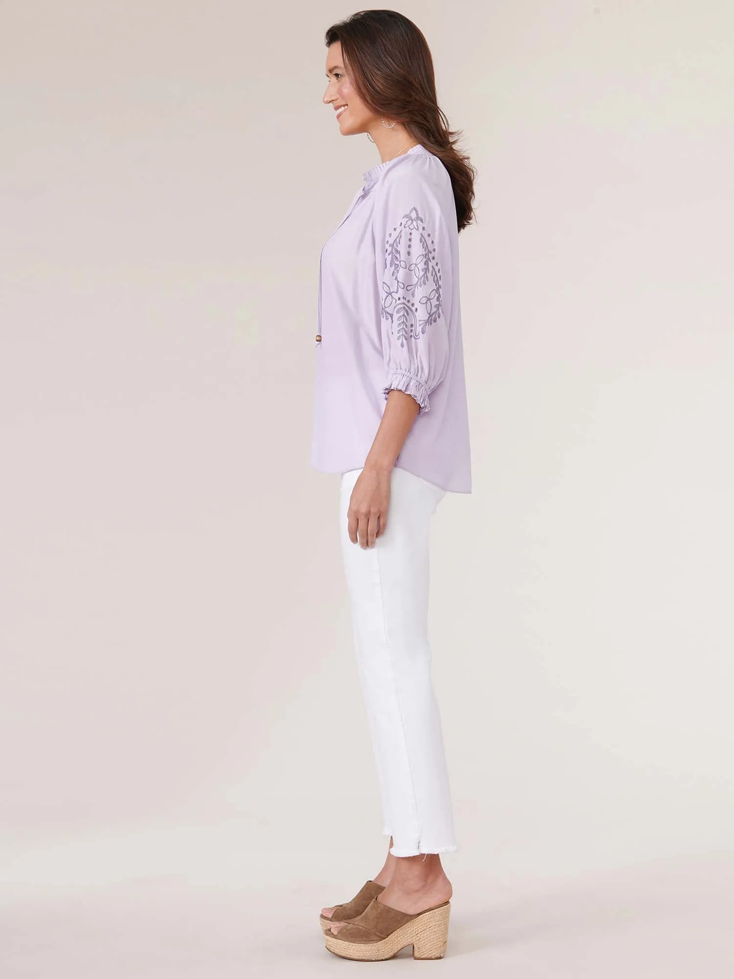 3/4 Embroidered Blouson Sleeve Split Neck Woven Top