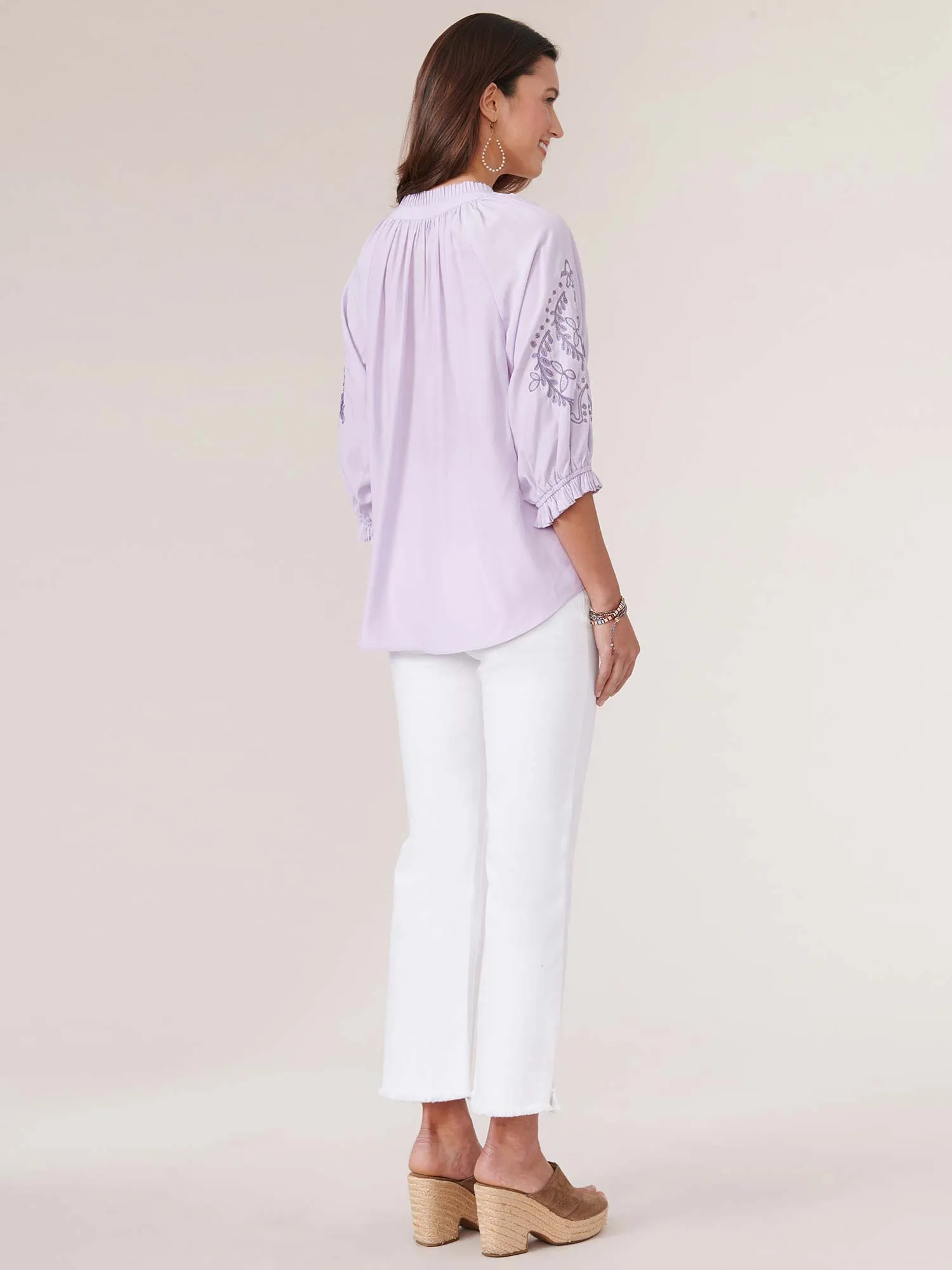 3/4 Embroidered Blouson Sleeve Split Neck Woven Top