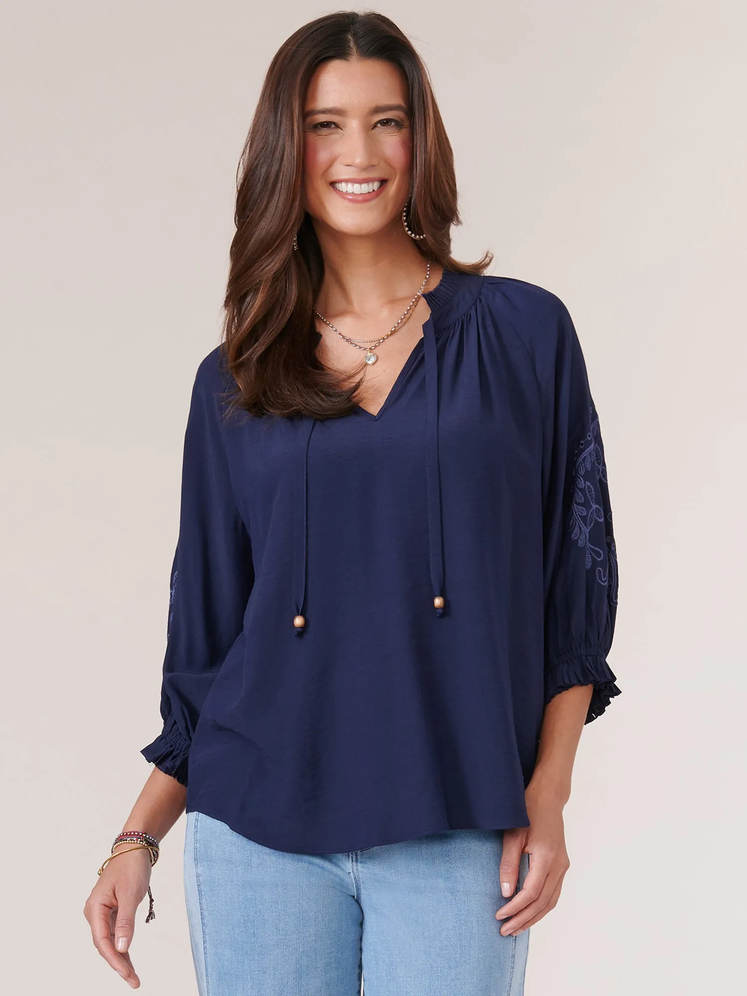 3/4 Embroidered Blouson Sleeve Split Neck Woven Top