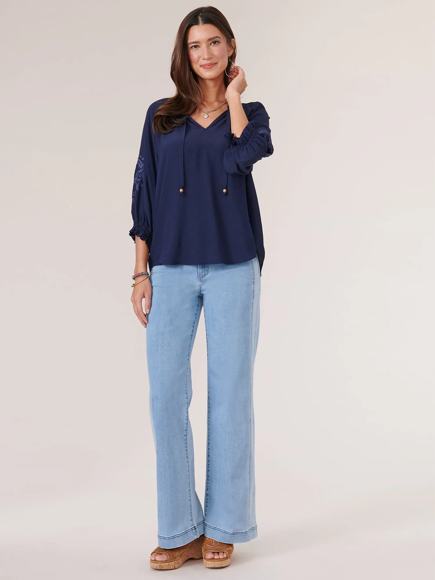 3/4 Embroidered Blouson Sleeve Split Neck Woven Top