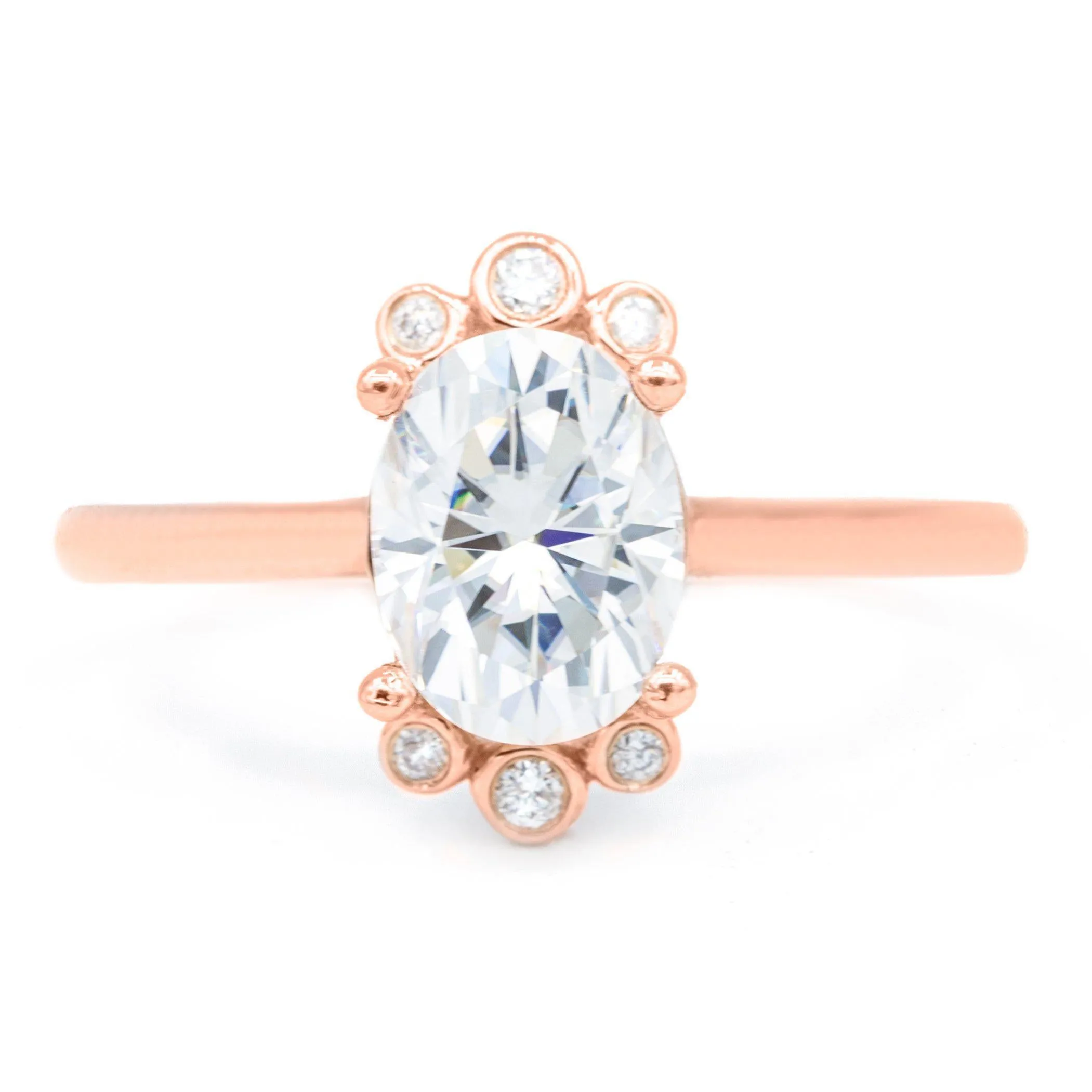 8x6mm Oval Moissanite 14K Rose Gold Bezel Diamond Accent Ring