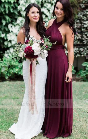 A-Line Halter Burgundy Chiffon Long Bridesmaid Dress,BD99351