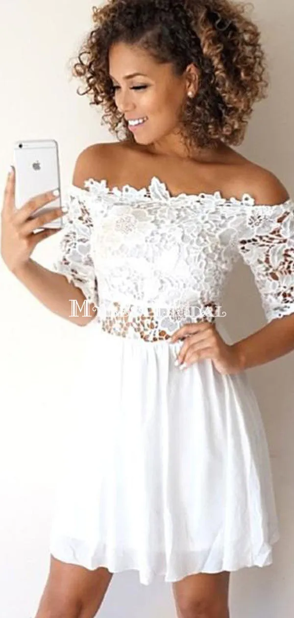 A-Line Off-the-Shoulder Half Sleeves White Lace Short Homecoming Dresses ,BDY0273