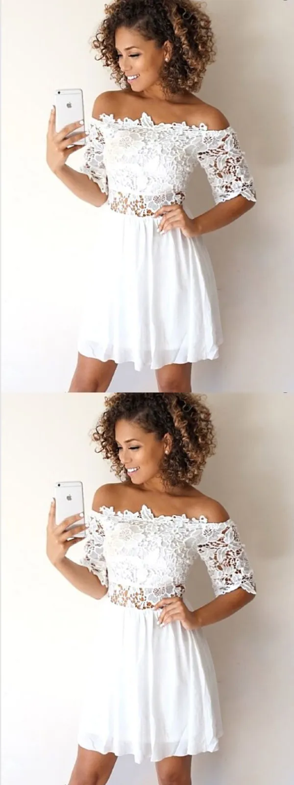 A-Line Off-the-Shoulder Half Sleeves White Lace Short Homecoming Dresses ,BDY0273