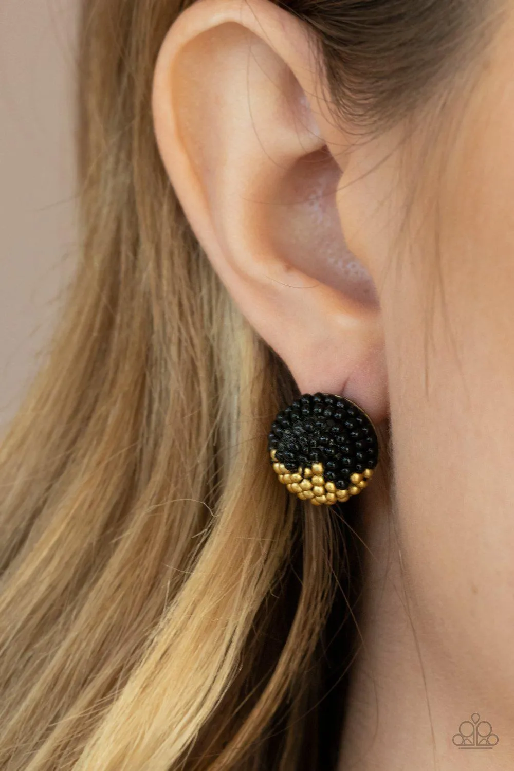 As Happy As Can BEAD Black and Brass Seed Bead Post Earrings - Paparazzi Accessories