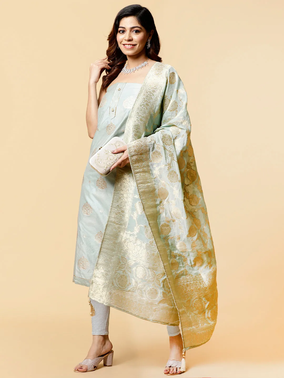 Banarsi Booti Chanderi Unstitched Suit Piece With Dupatta