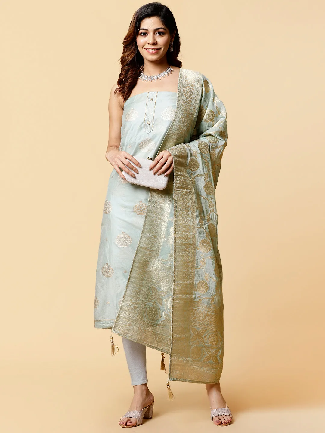 Banarsi Booti Chanderi Unstitched Suit Piece With Dupatta