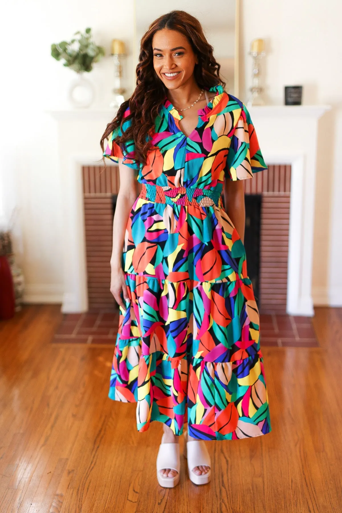 Be Bold Multicolor Abstract Tropical Print Smocked Waist Maxi Dress