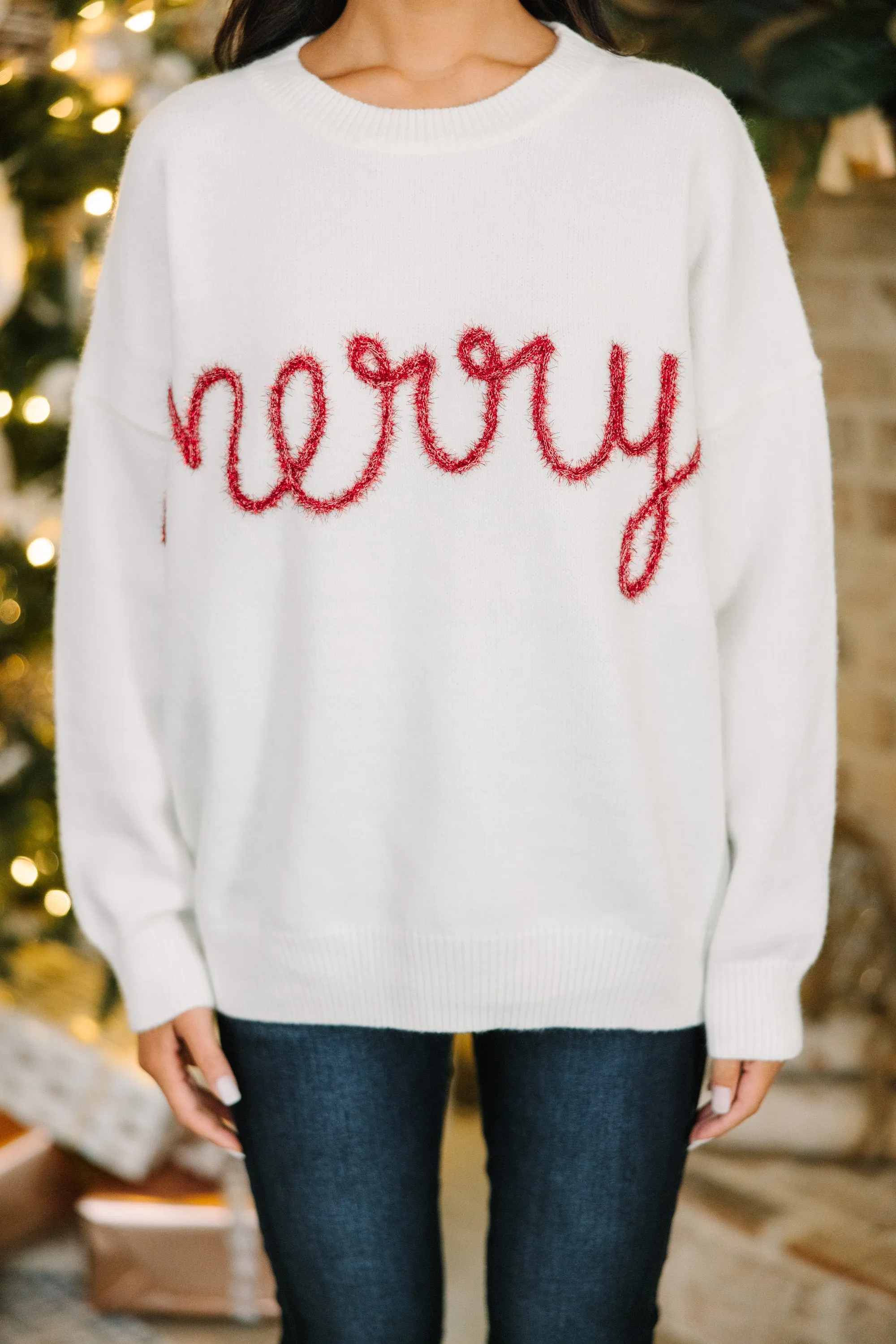 Be Merry Cream White Script Sweater