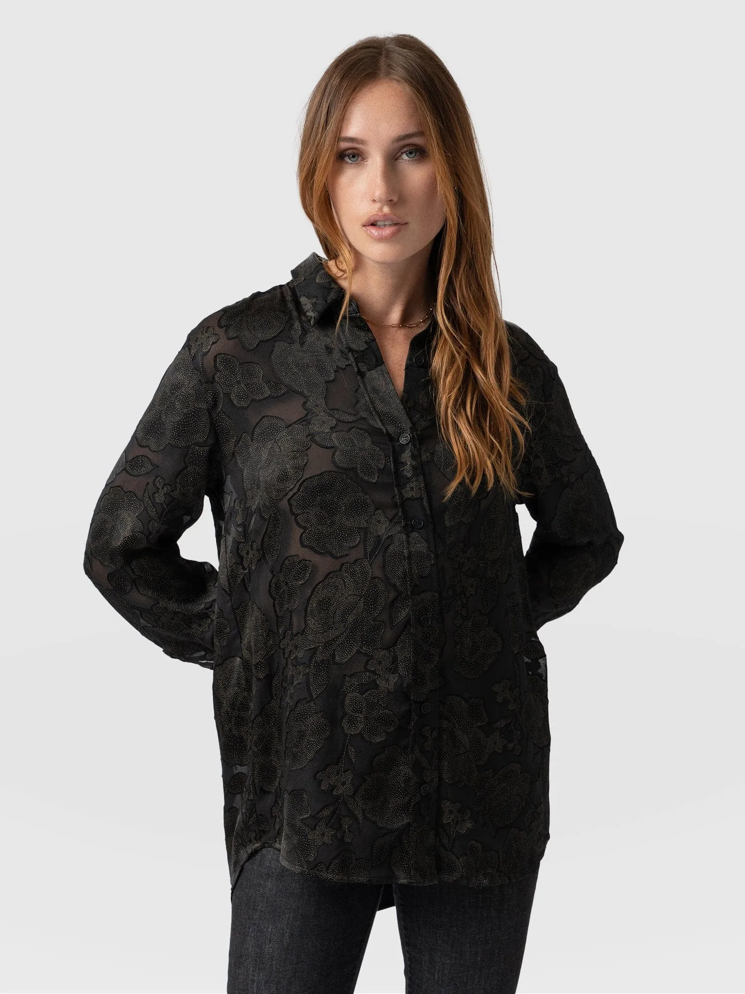 Boyfriend Shirt - Black & Gold Floral Burnout