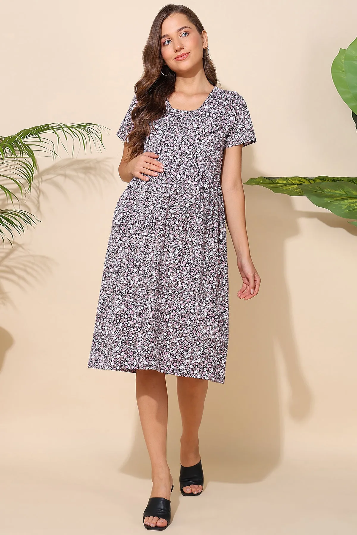 Brown Floral Printed 100% Soft Cotton Zipless Maternity Feeding Dress