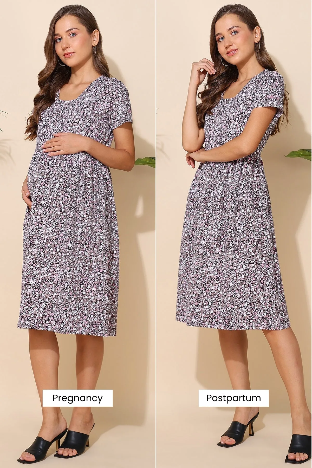 Brown Floral Printed 100% Soft Cotton Zipless Maternity Feeding Dress