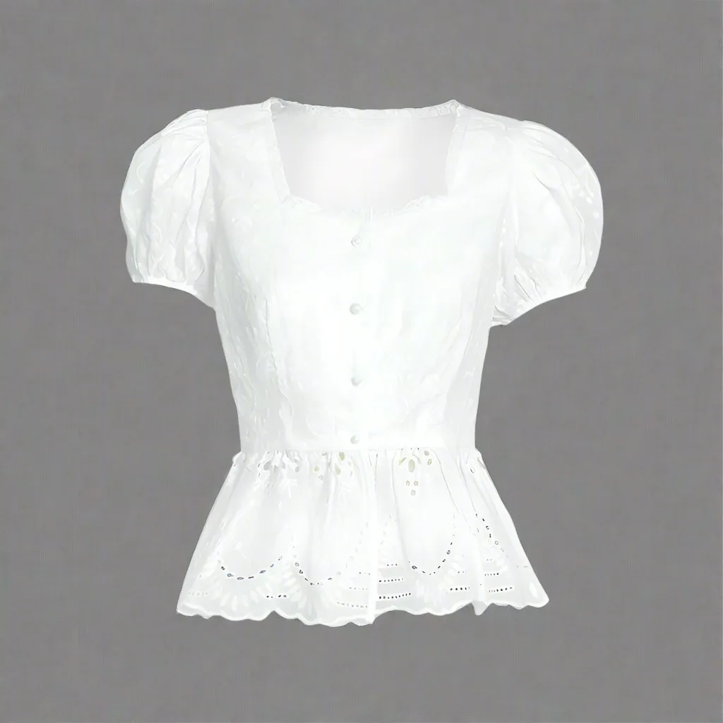 Button Up Elastic Waistline Silhouette Young Women Lace Top Blouse