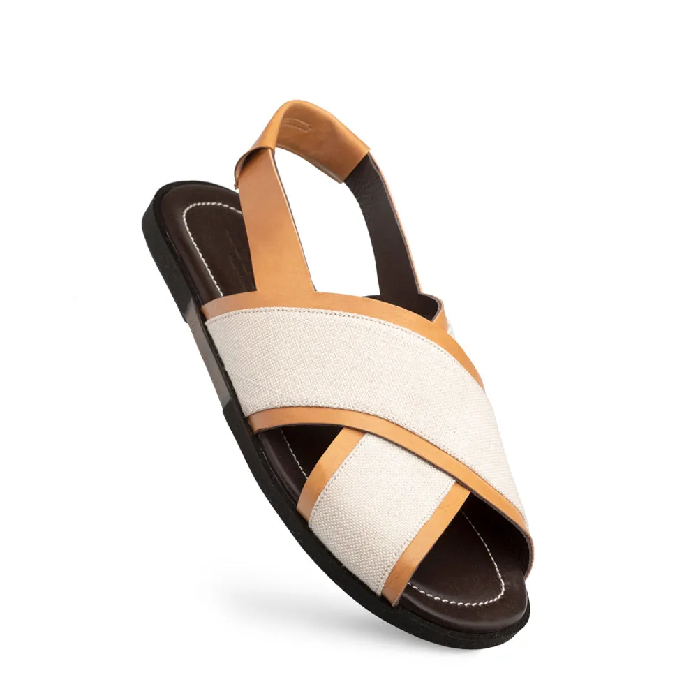 Calf/Linen Cross-Strap Sandal