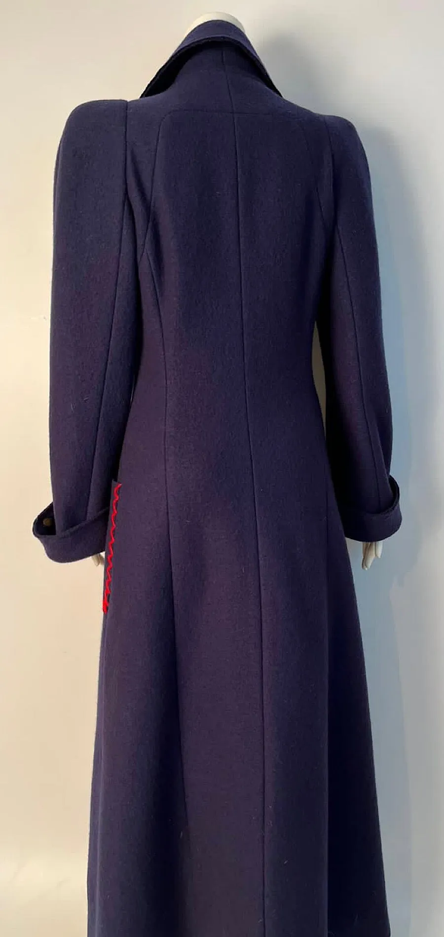 Chanel Vintage 97A 1997 Fall Navy Blue w Red Trim Long Heavy Wool Winter Coat FR 38 US 4