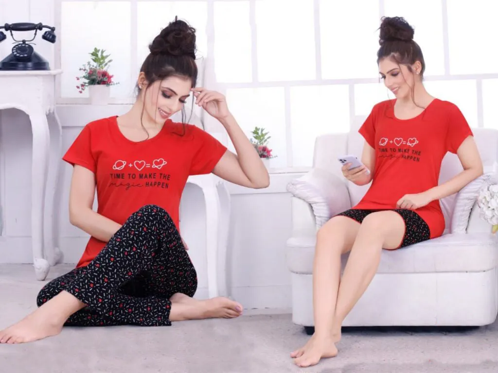 Comfy Women's Red and Black Cotton Printed Tee With Pants And Shorts 3 Piece Set