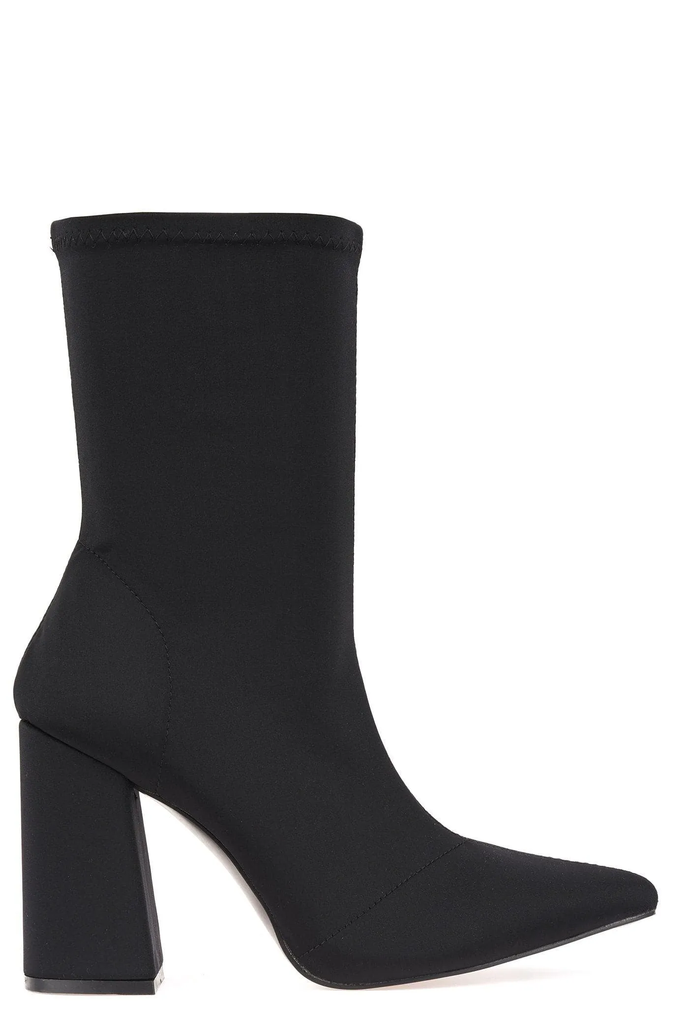 Everly Pointed Toe Flare Heel Calf Boot in Black Lycra