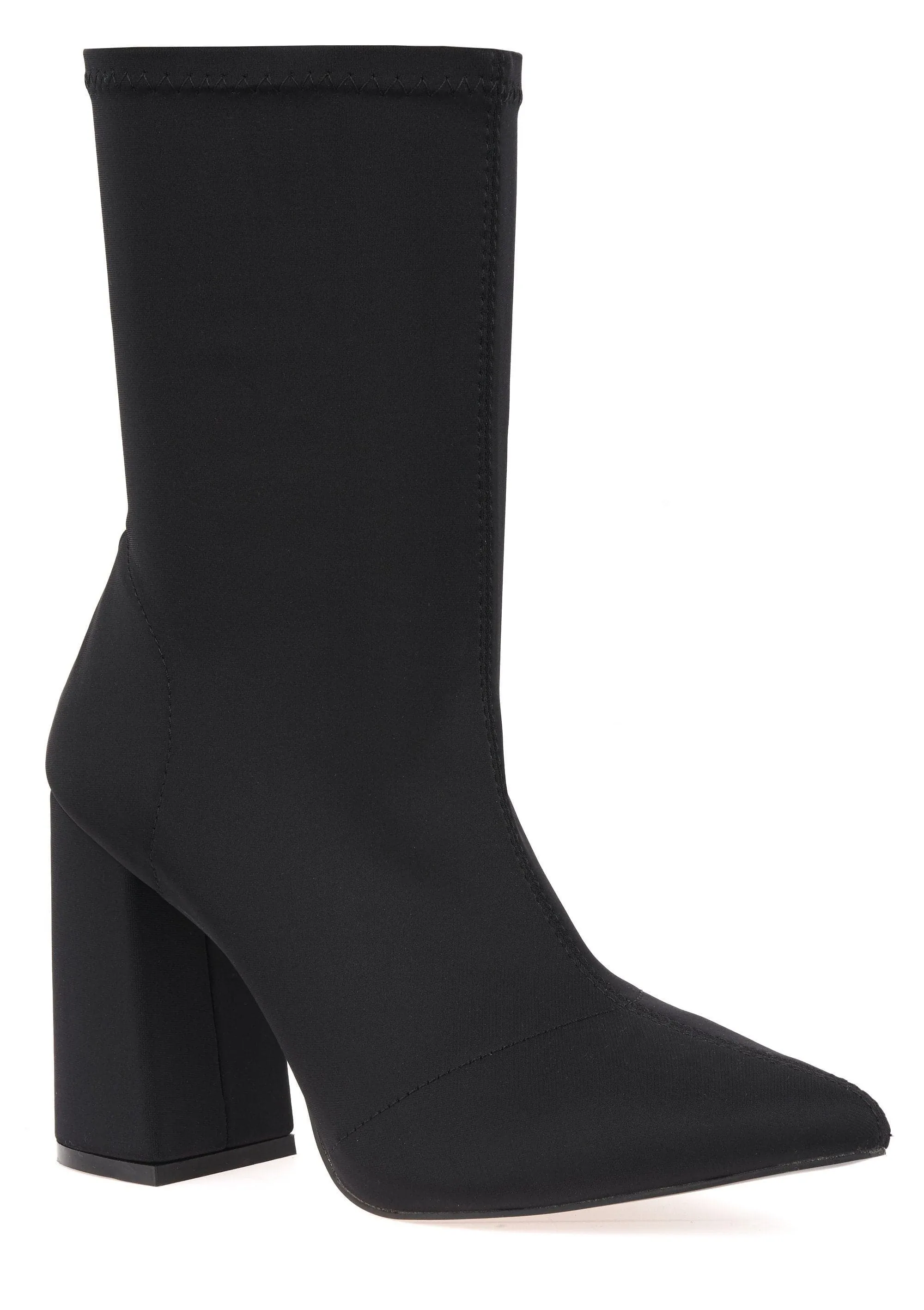 Everly Pointed Toe Flare Heel Calf Boot in Black Lycra