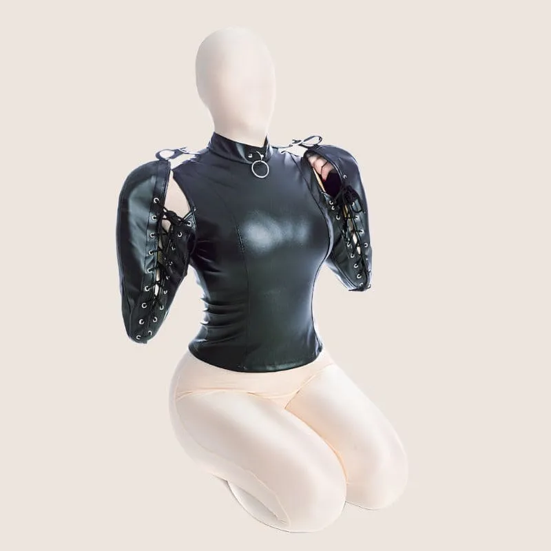 Futuristic Black Leather Bondage Top for Ladies Confinement Clothes