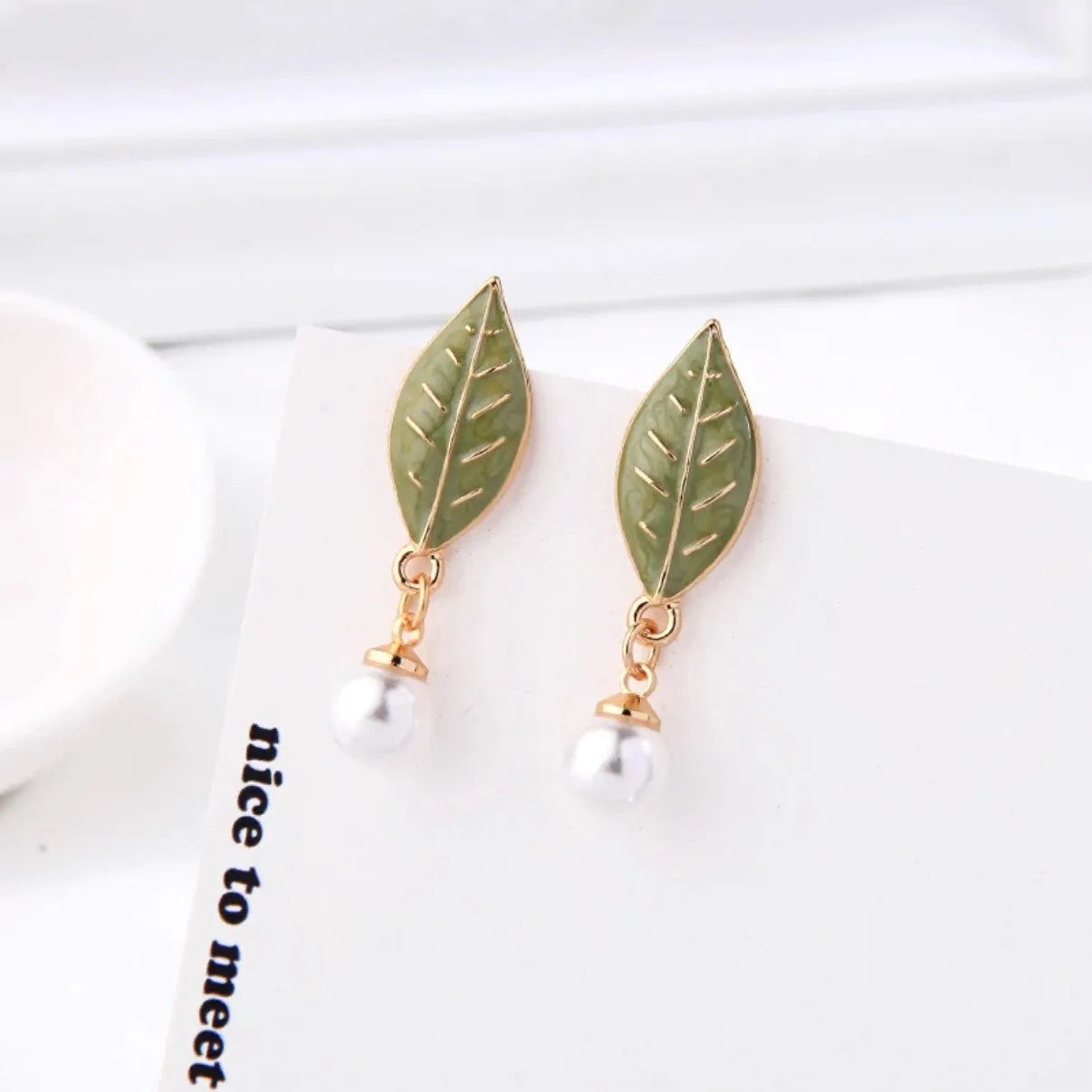 Green Enamel Leaf Pearl Drop Earring