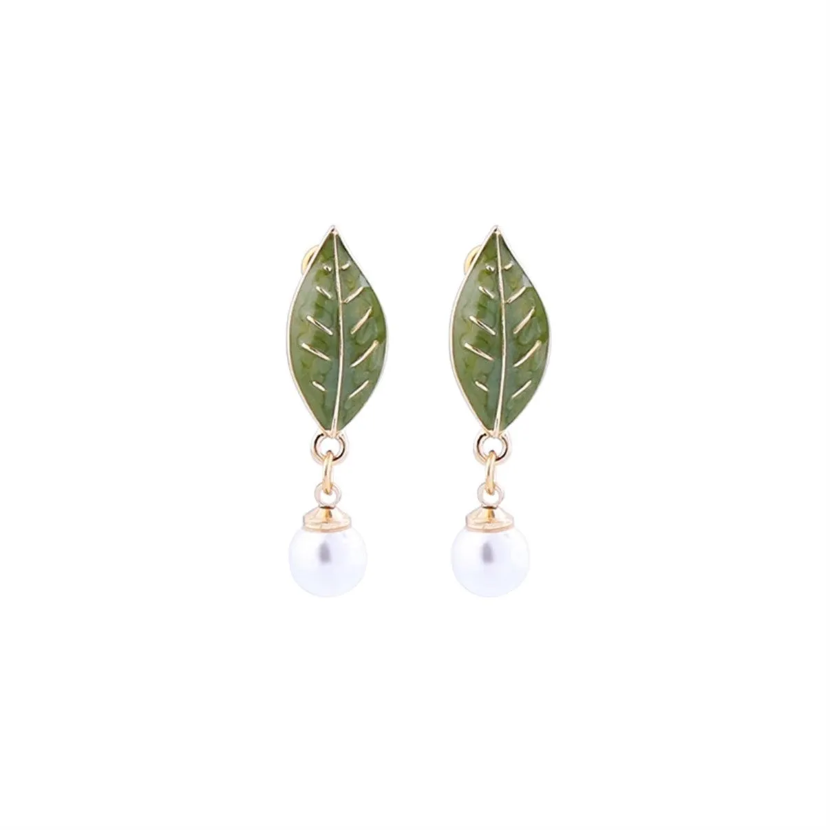 Green Enamel Leaf Pearl Drop Earring