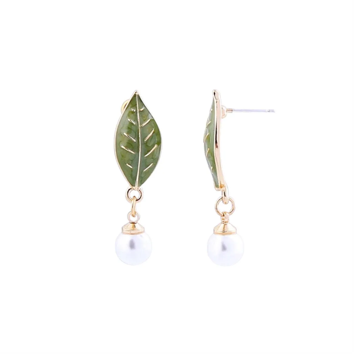 Green Enamel Leaf Pearl Drop Earring