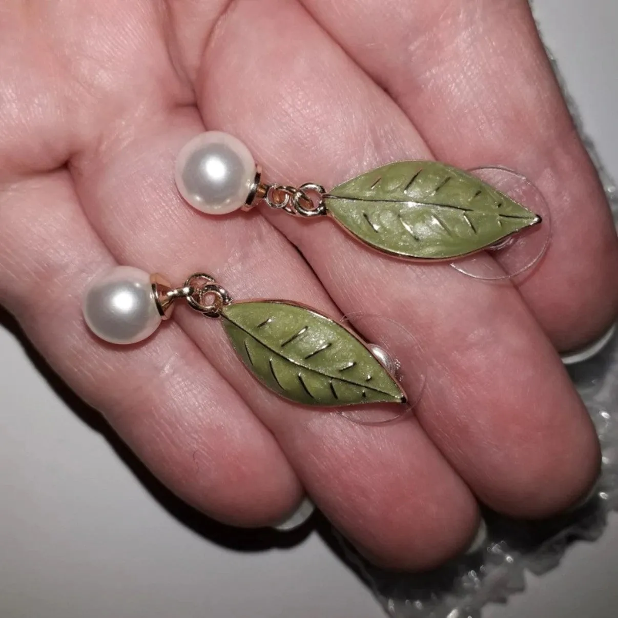 Green Enamel Leaf Pearl Drop Earring