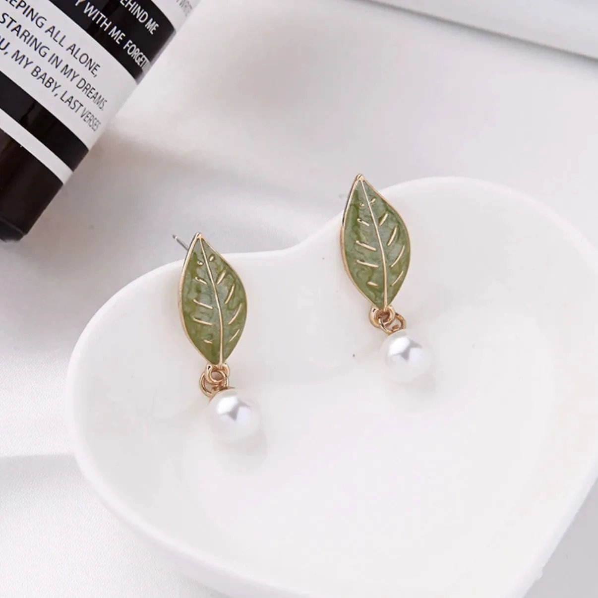 Green Enamel Leaf Pearl Drop Earring