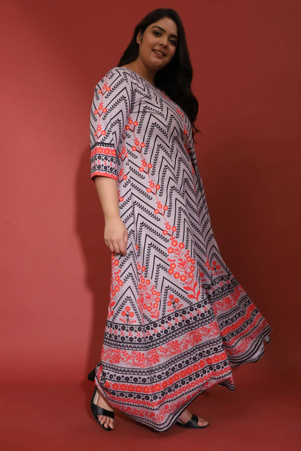 Grey Red Alaoka Printed Dress