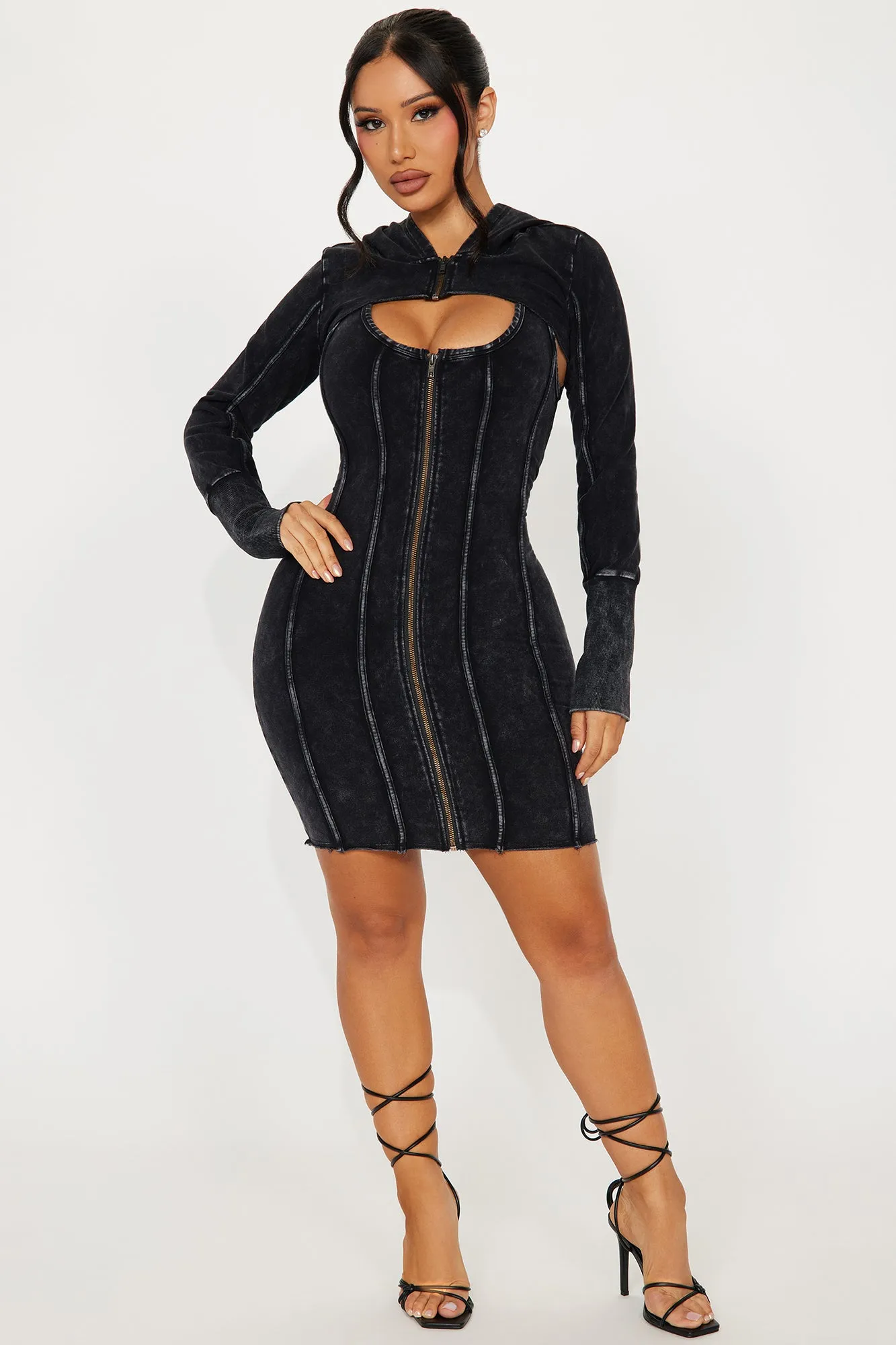 In A Mood Hooded Mini Dress Set - Black Wash