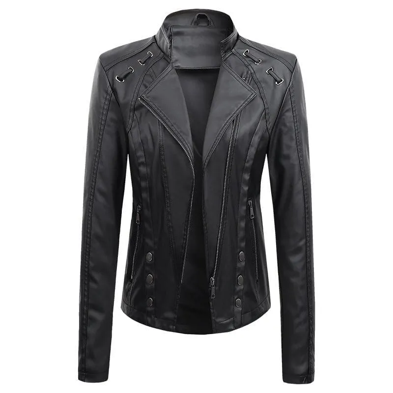 Ladies Vegan Leather Slim Fit Short Jacket in Black