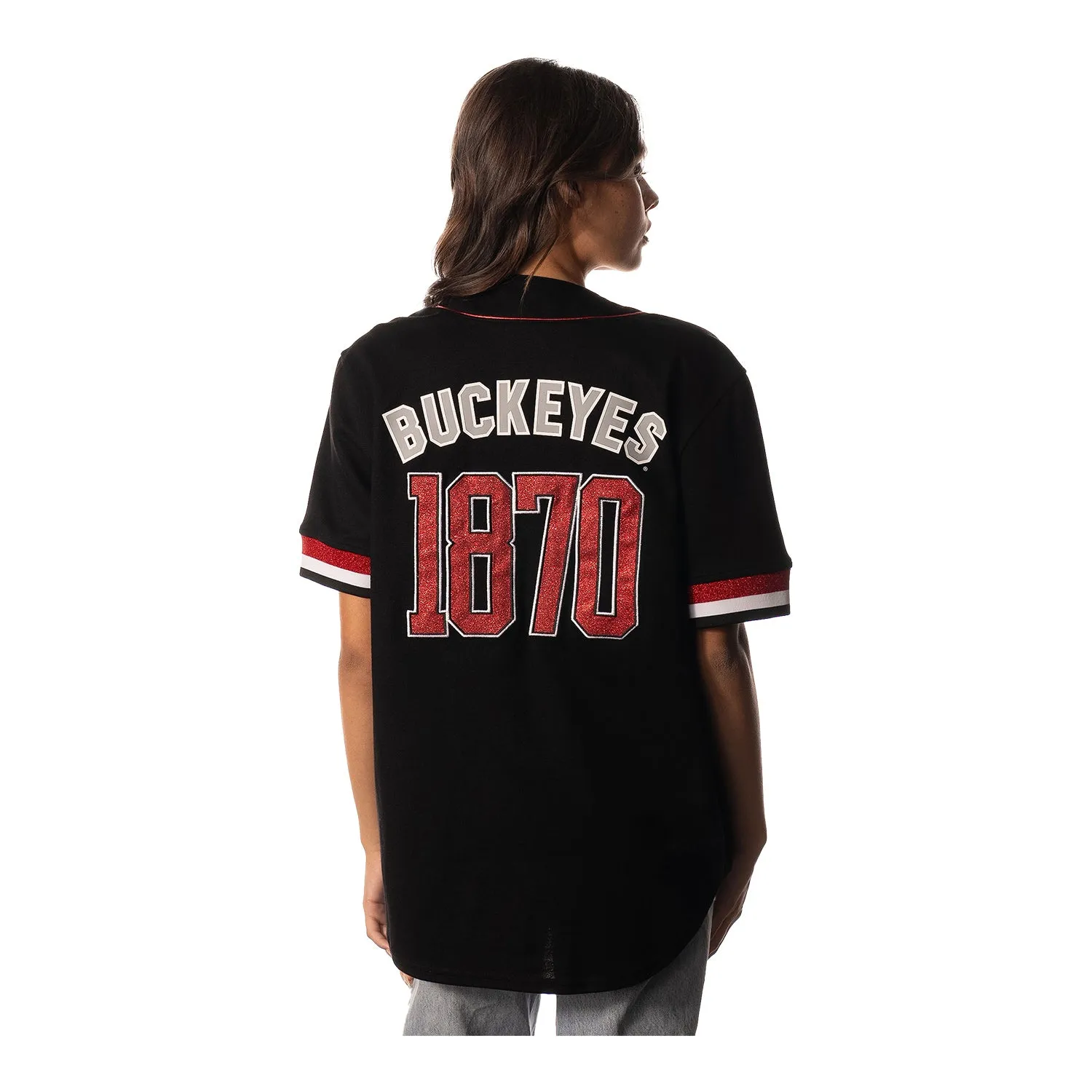 Ladies Woven Button Up Black Baseball Jersey