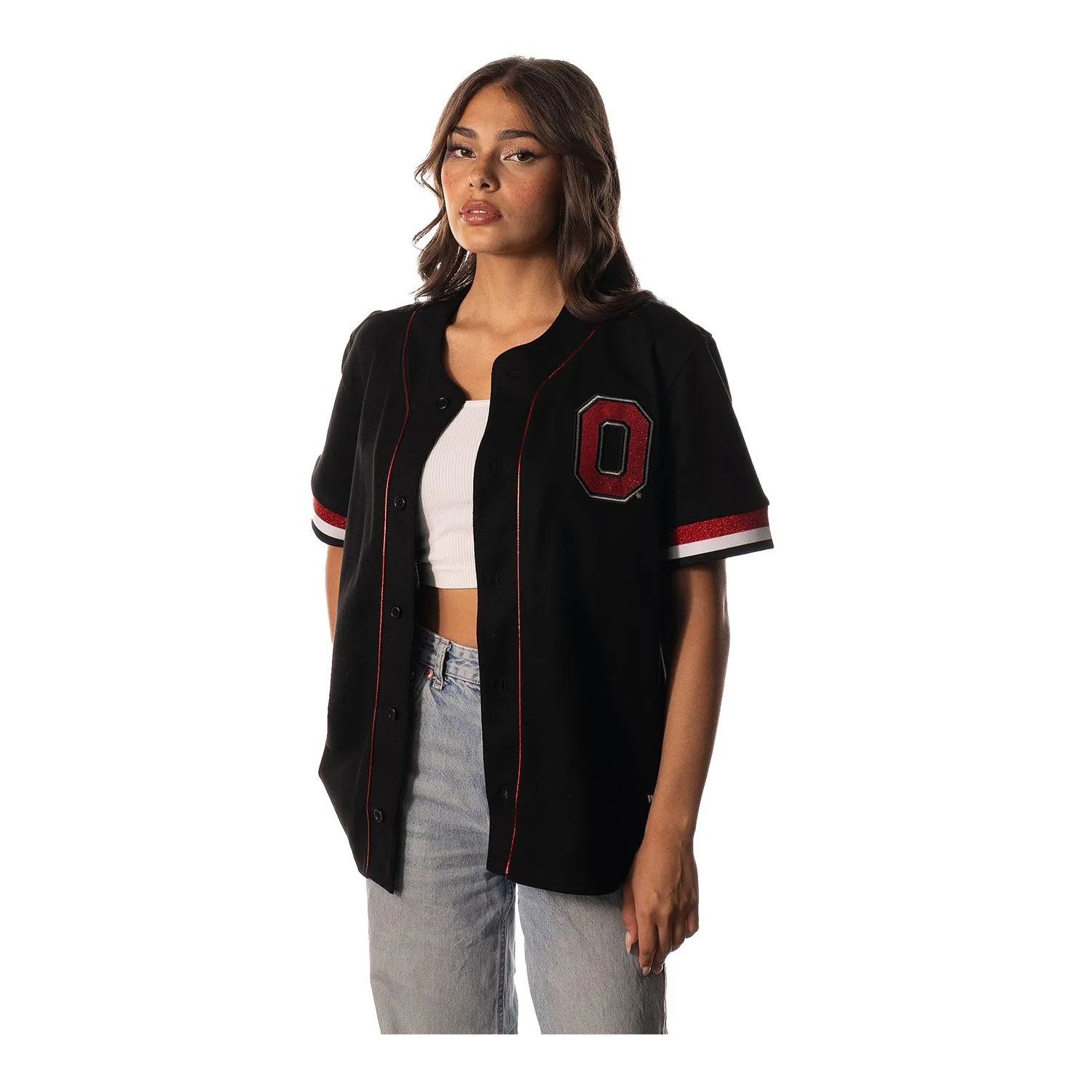 Ladies Woven Button Up Black Baseball Jersey