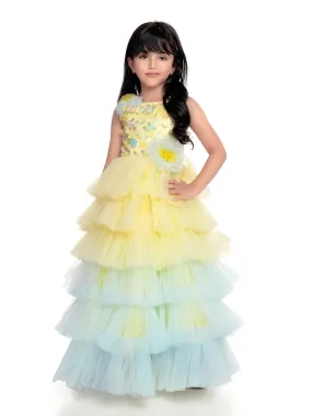 Lemon Coloured Trendy Frill Style Gowns For Girls / Imported Gown For Girls / 6 Frills / Birthday Dress