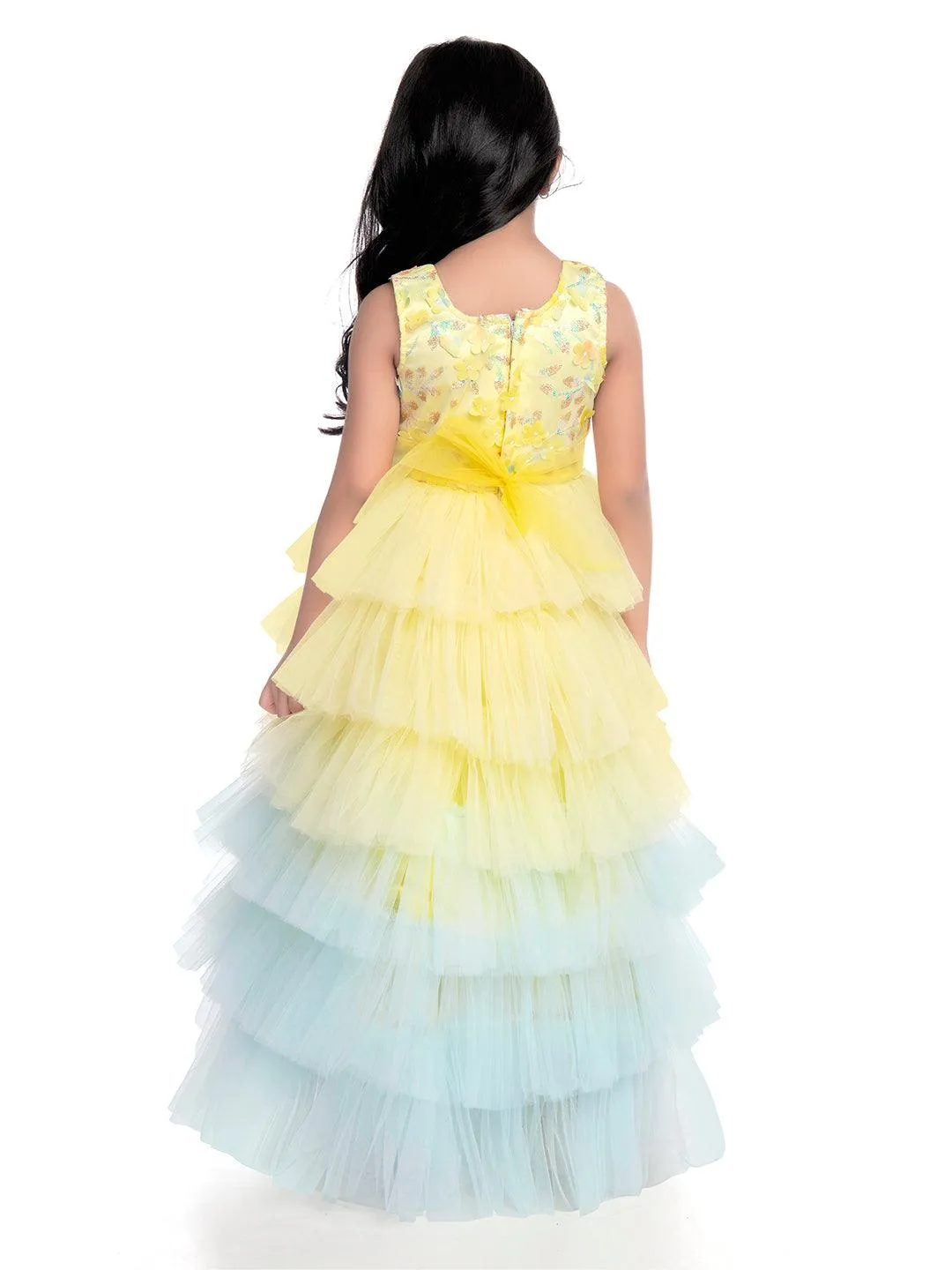 Lemon Coloured Trendy Frill Style Gowns For Girls / Imported Gown For Girls / 6 Frills / Birthday Dress