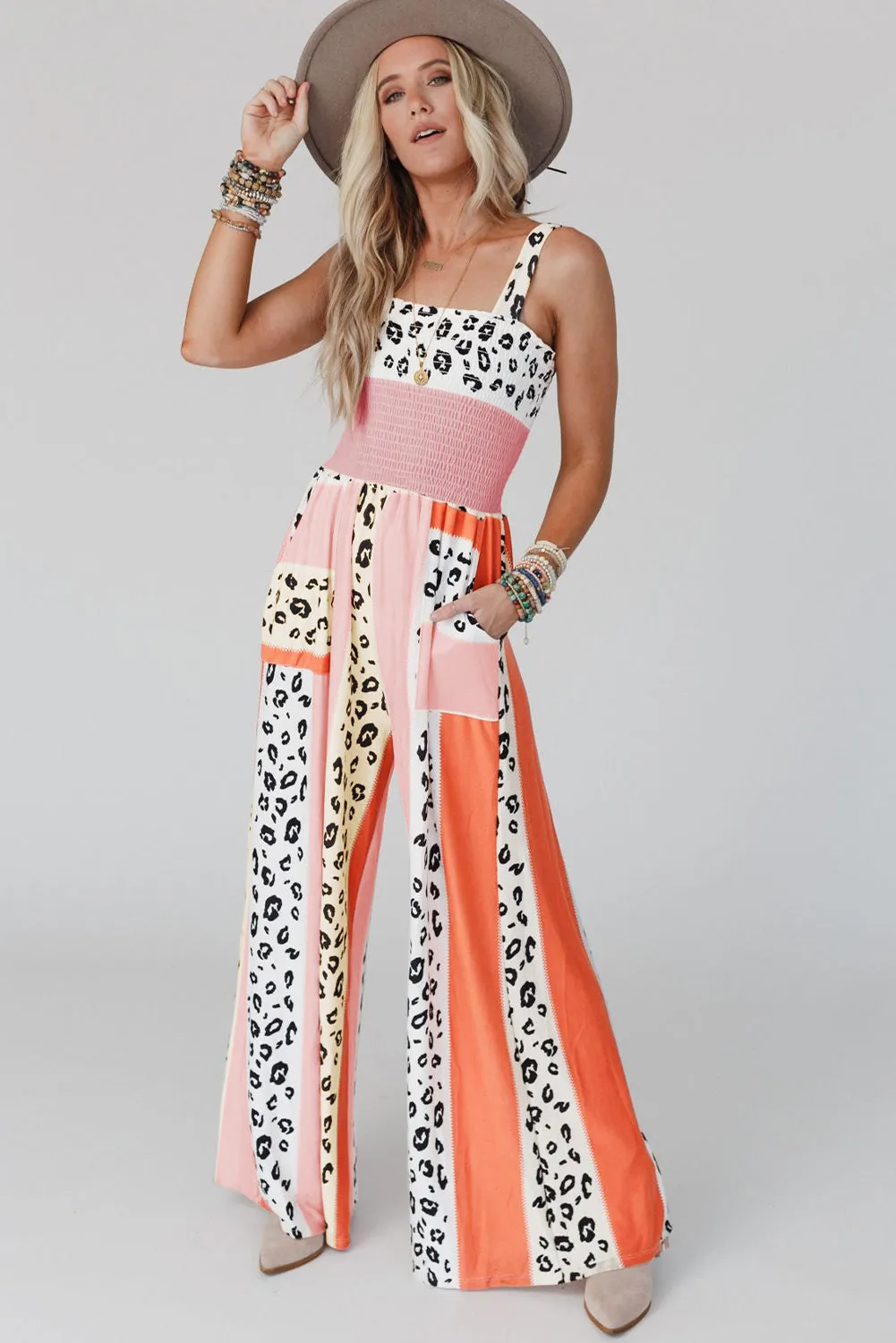 Leopard Color Block Mix Print Pocketed Jumpsuit