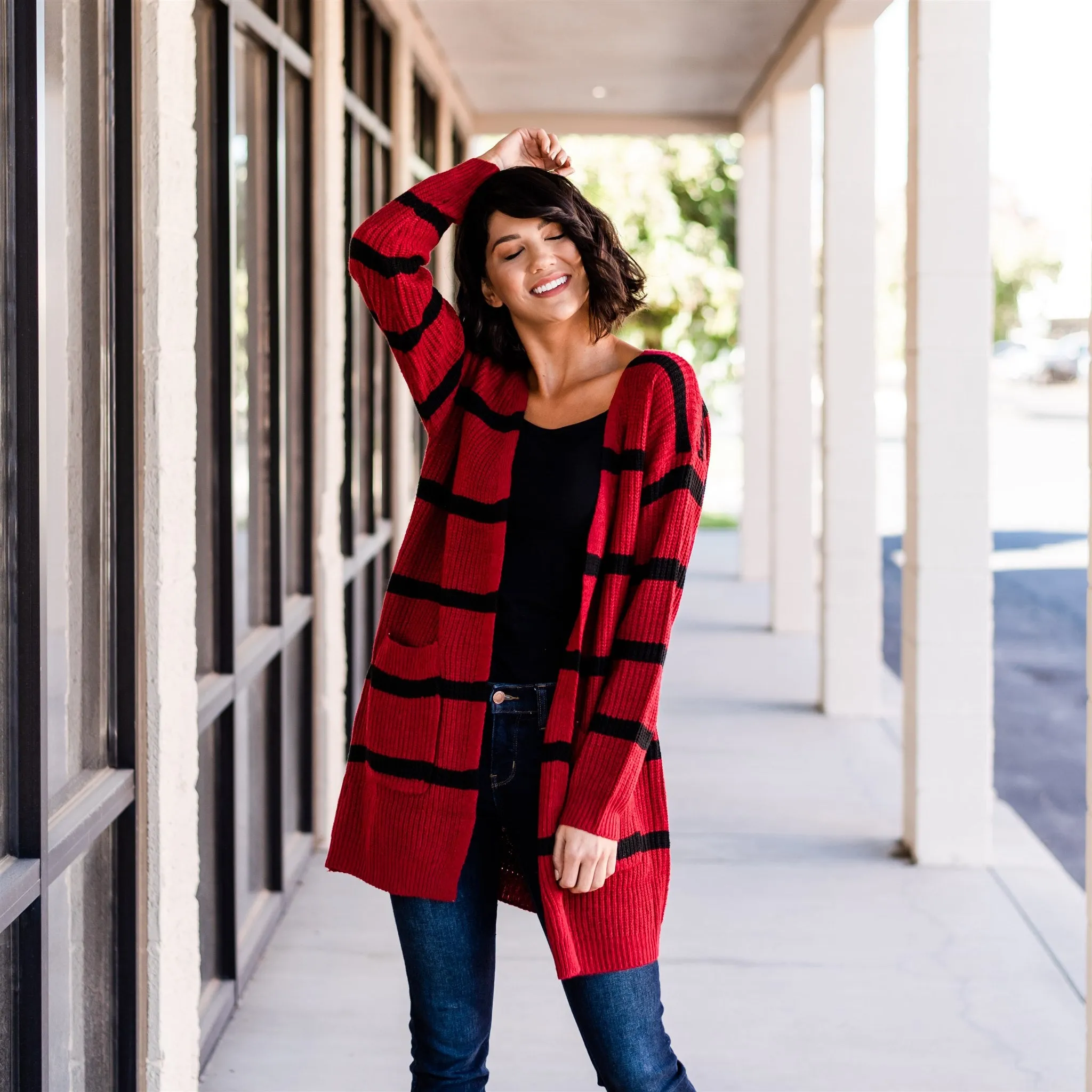 Long Cozy Striped Cardigan: Cranberry/Black