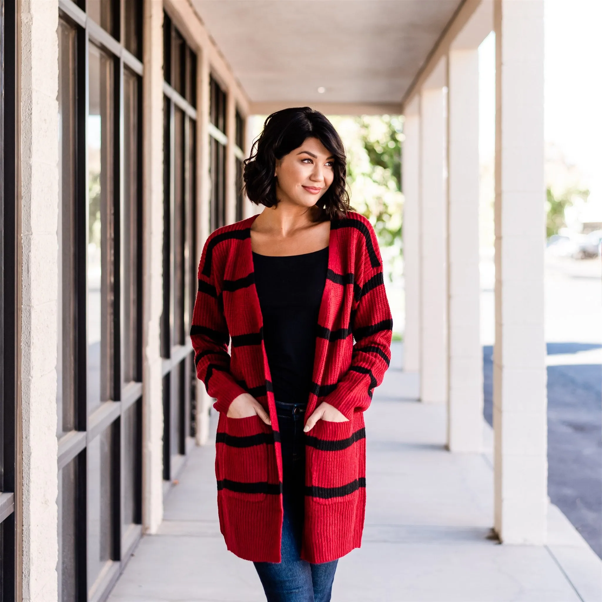 Long Cozy Striped Cardigan: Cranberry/Black