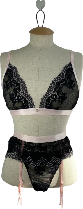 Love Honey Black Lace Bralette With Thong And Suspender Belt One Size