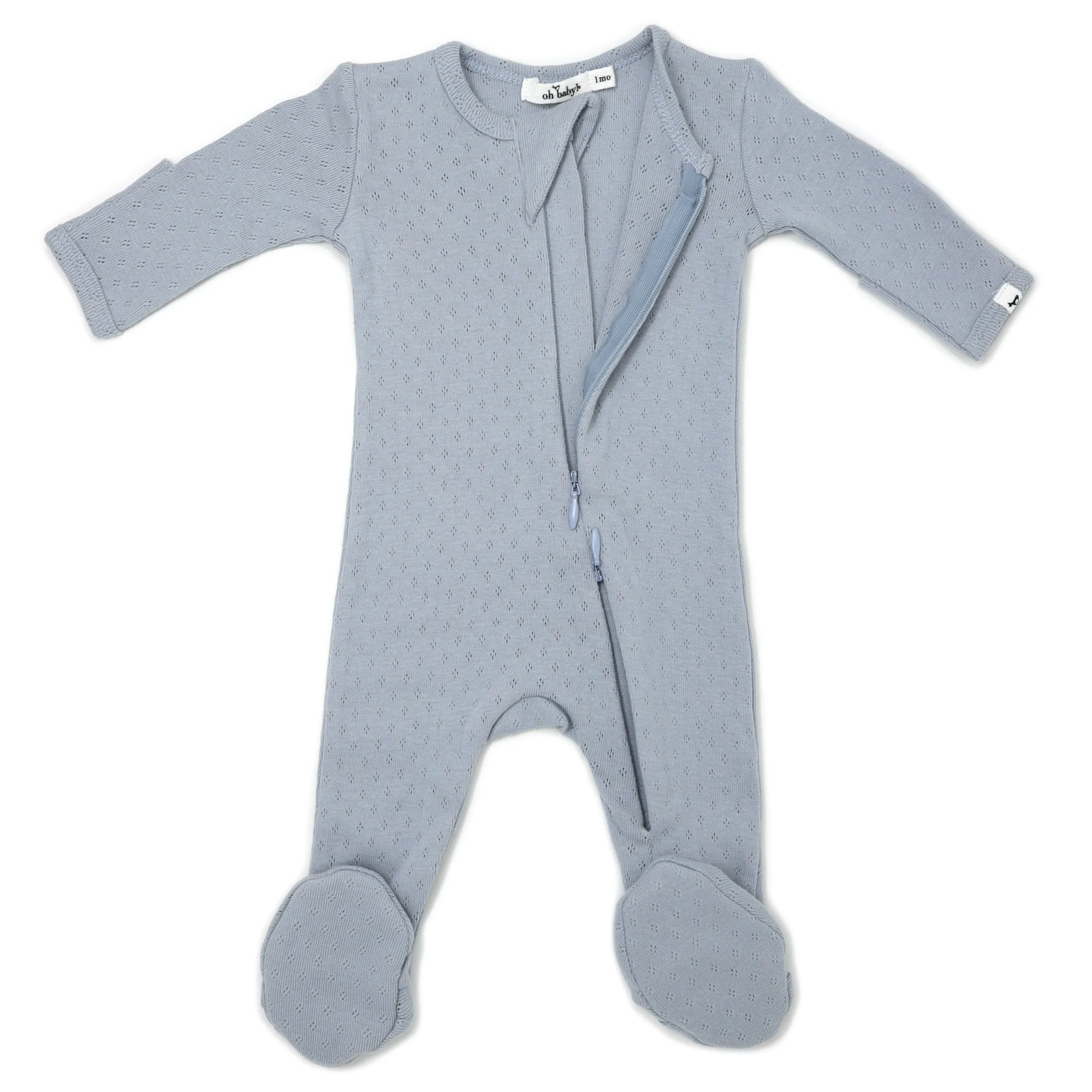 oh baby! Pointelle Zipper Footie - Dusty Blue