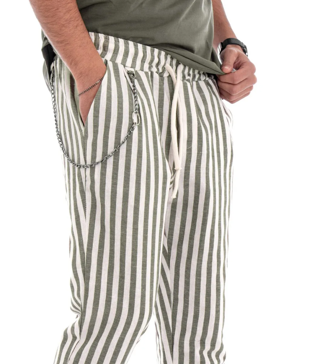 Pantaloni Uomo Lino Rigato Elastico Cavallo Basso Verde Pantalaccio Casual GIOSAL-P2975A