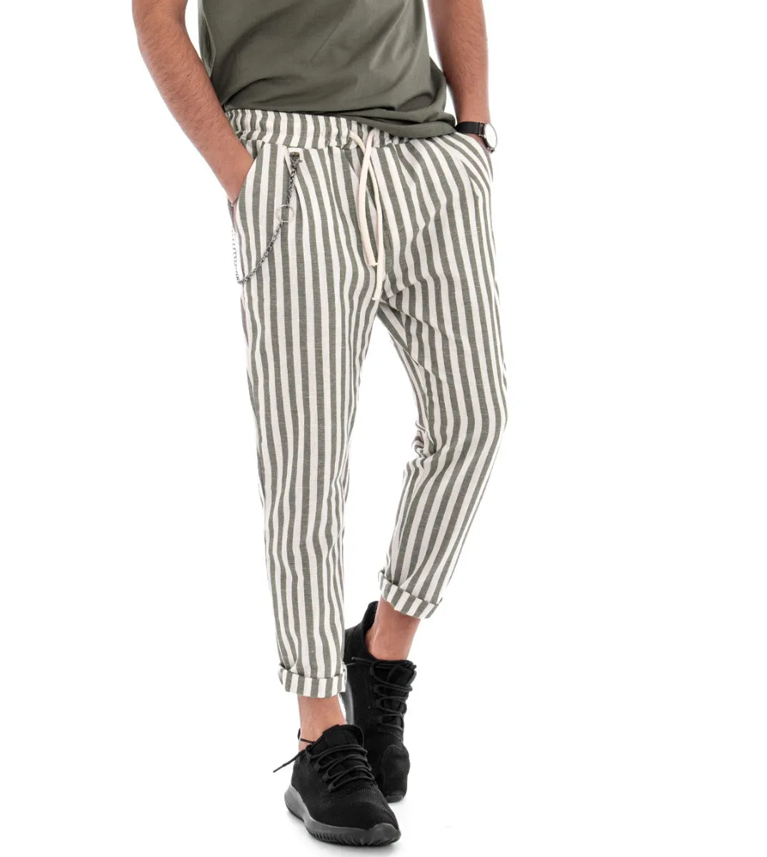 Pantaloni Uomo Lino Rigato Elastico Cavallo Basso Verde Pantalaccio Casual GIOSAL-P2975A