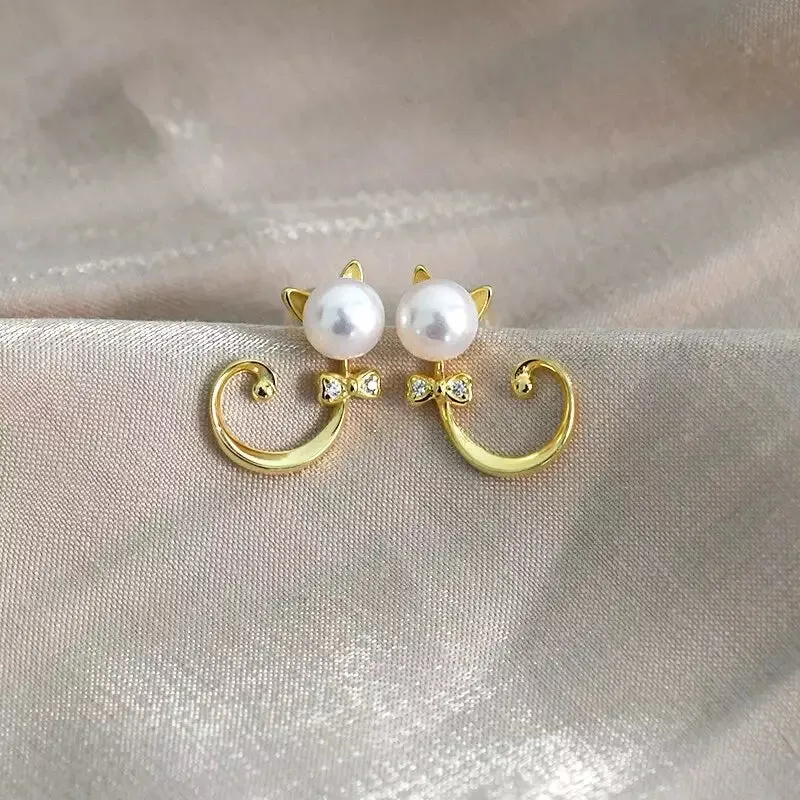 Pearl Zircon Cat Earrings in Solid 925 Sterling Silver and Gold Plating