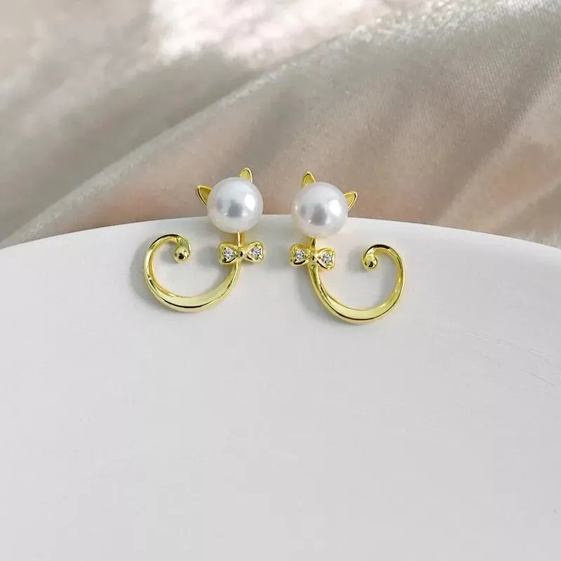 Pearl Zircon Cat Earrings in Solid 925 Sterling Silver and Gold Plating