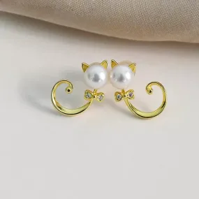 Pearl Zircon Cat Earrings in Solid 925 Sterling Silver and Gold Plating