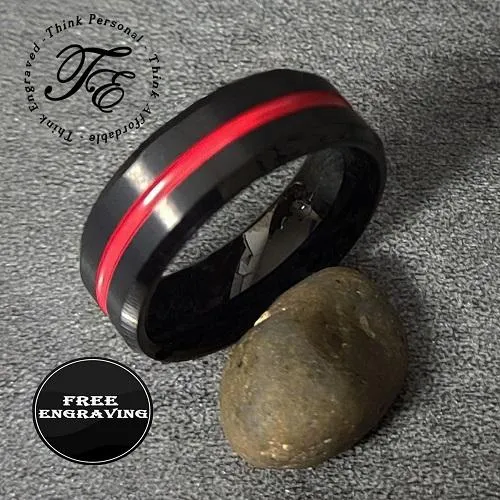 Personalized Men's Promise Ring Band With Thin Red Line Groove