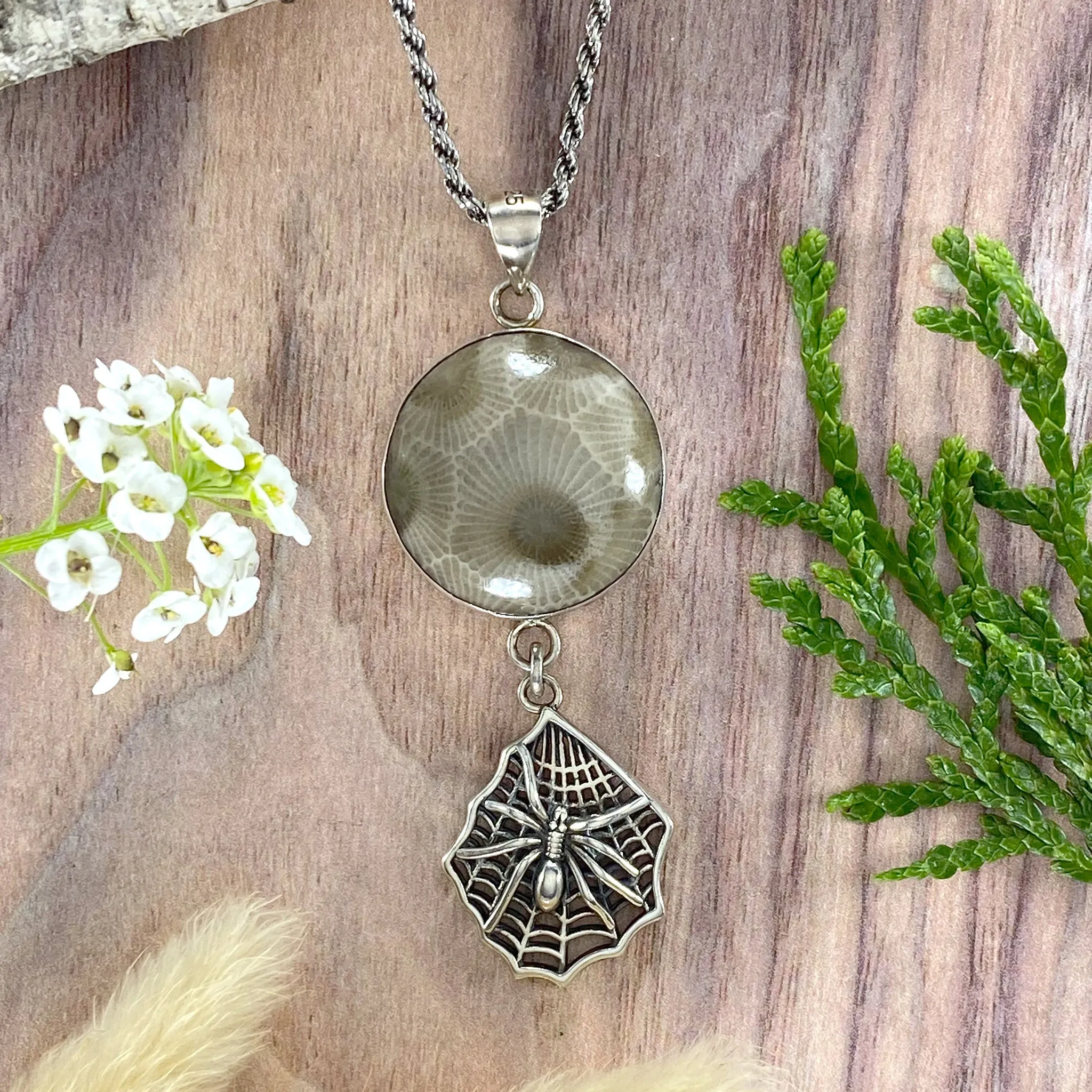 Petoskey Stone with Spider Charm Pendant Necklace